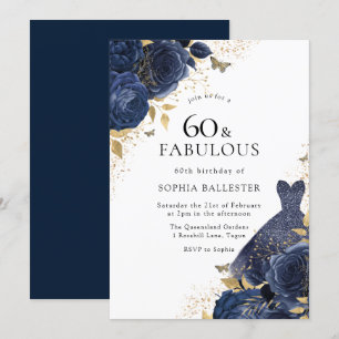 Invitación Rosas Azul de la Marina y Vestido Oro 60 y Fabulos