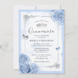 Invitación Rosas azul del bebé de luz plateada Elegante Quinc