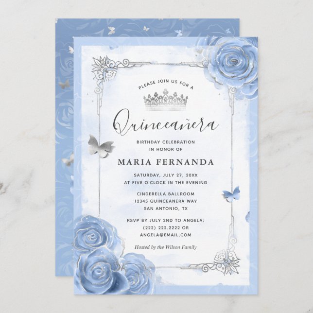Invitación Rosas azul del bebé de luz plateada Elegante Quinc (Anverso / Reverso)