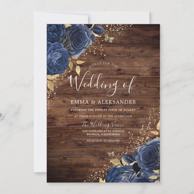 Invitación Rosas azul índigo de la Marina Rusa y Boda de oro (Anverso)