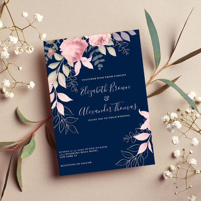 Invitación Rosas azul marino de menta rosa dejan boda floral (Pink mint navy blue roses leaves floral wedding)