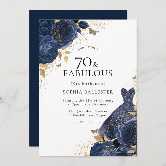Invitación Rosas azul marino y vestido dorado 70 y fabuloso 7 (Anverso / Reverso)