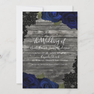 Invitación Rosas Azul Oscuro Encaje Negro Rustico Boda