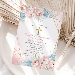 Invitación Rosas azul rosado geométrico primera comunión sagr