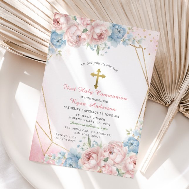 Invitación Rosas azul rosado geométrico primera comunión sagr (Subido por el creador)