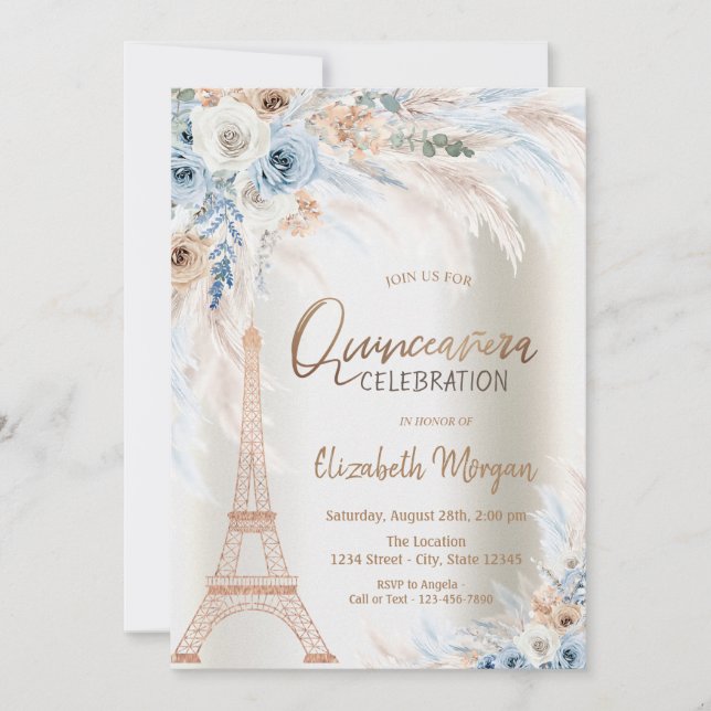 Invitación Rosas Azul Torre Eiffel Pampas Grass Quinceanera (Anverso)