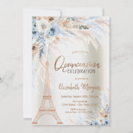Invitación Rosas Azul Torre Eiffel Pampas Grass Quinceanera