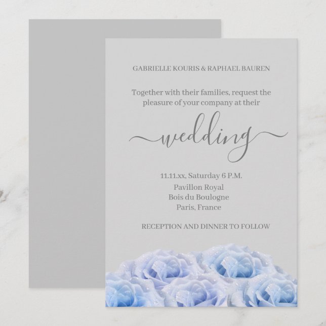 Invitación Rosas azul turbio Boda floral elegante y gris clar (Anverso / Reverso)