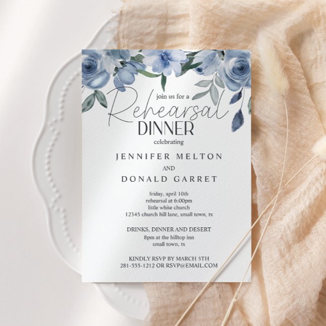 Invitación Rosas azul turbio flores Boda ensayo cena (Subido por el creador)