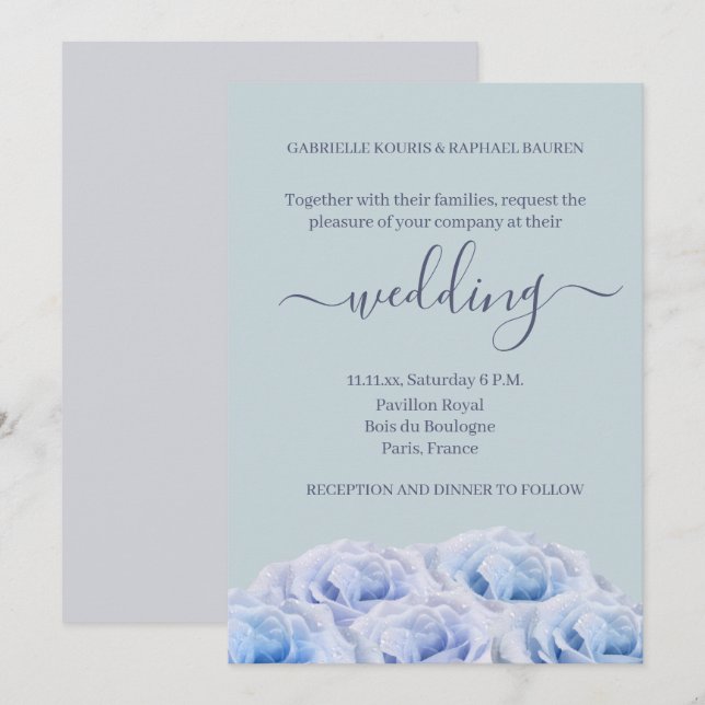 Invitación Rosas azul turbio jadeo elegante Boda floral gris (Anverso / Reverso)