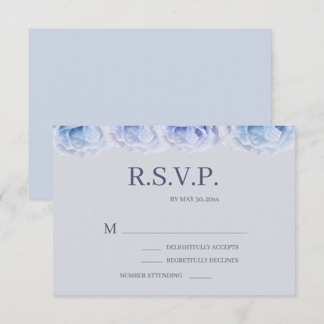 Invitación Rosas azul turbulentos Elegante Boda Floral Gris R (Anverso / Reverso)
