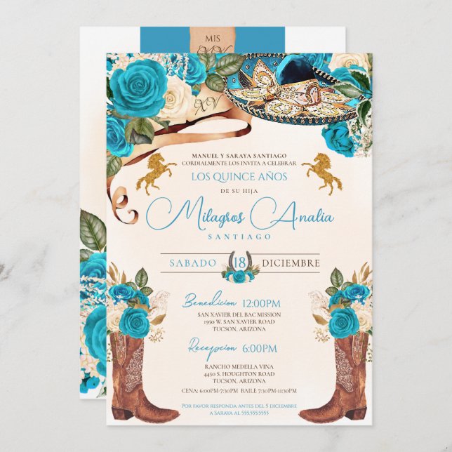 Invitación Rosas azul turquesa Charro Quinceañera Occidental (Anverso / Reverso)