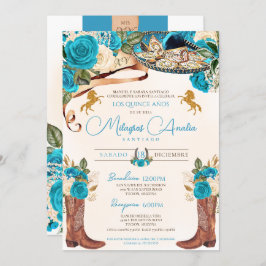 Invitación Rosas azul turquesa Charro Quinceañera Occidental