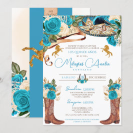 Invitación Rosas azul turquesa Fancy Charro Quinceanera