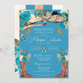 Invitación Rosas azul turquesa Fancy Charro Quinceañera