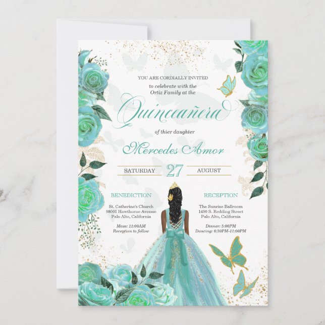 Invitación Rosas azul turquesa mariposa Quinceanera (Anverso)
