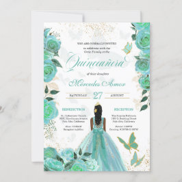 Invitación Rosas azul turquesa mariposa Quinceanera