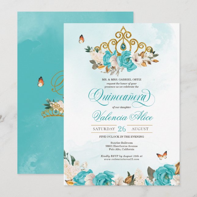 Invitación Rosas azul turquesa Quince de mariposa tiara de or (Anverso / Reverso)