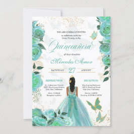 Invitación Rosas azul turquesa Verde azulado mariposa Quincea