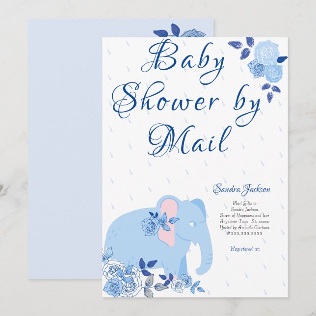 Invitación Rosas azules adoran a elefante chico Baby Shower (Anverso / Reverso)