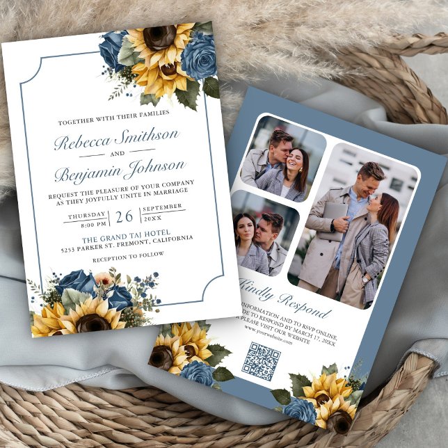 Invitación Rosas azules agitados girasoles foto Boda de códig (Subido por el creador)