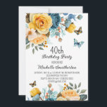 Invitación Rosas azules amarillos mariposas 40 cumpleaños<br><div class="desc">40 cumpleaños con hermosos rosas amarillos y polvorientos azules con flores y mariposas color crema. Estas invitaciones pueden ser personalizadas para cualquier persona de cualquier edad. Contáctame para obtener ayuda con tus personalizaciones o para solicitar productos adicionales de correspondencias o coordinación de Zazzle para tu celebración.</div>