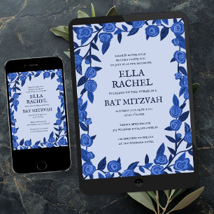 Invitación Rosas Azules Bat Bar Mitzvah Personalizado Chica m