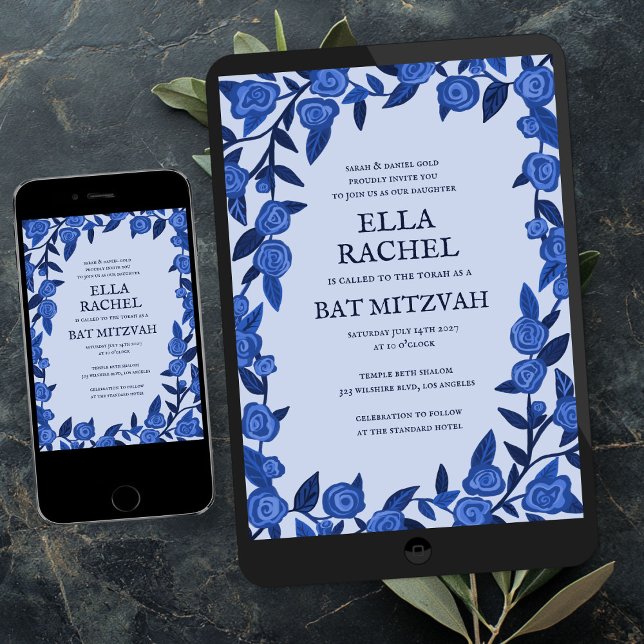 Invitación Rosas Azules Bat Bar Mitzvah Personalizado Chica m (Blue Roses Bat Bar Mitzvah Modern Girl Custom Digital Evite  Invitation
)