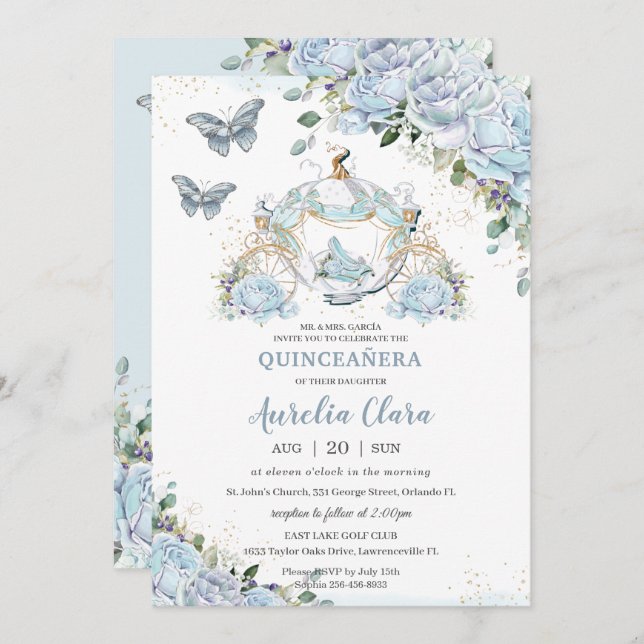 Invitación Rosas azules bebés Princesa Cenicienta Quinceañera (Anverso / Reverso)