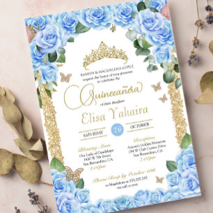 Invitación Rosas azules bebés y mariposa Quinceanera