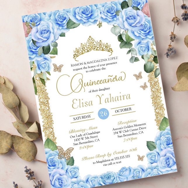 Invitación Rosas azules bebés y mariposa Quinceanera (Subido por el creador)