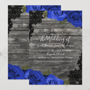 Invitación Rosas Azules Boda de Madera Rústica Encaje Negro
