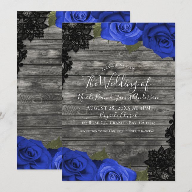 Invitación Rosas Azules Boda de Madera Rústica Encaje Negro (Anverso / Reverso)