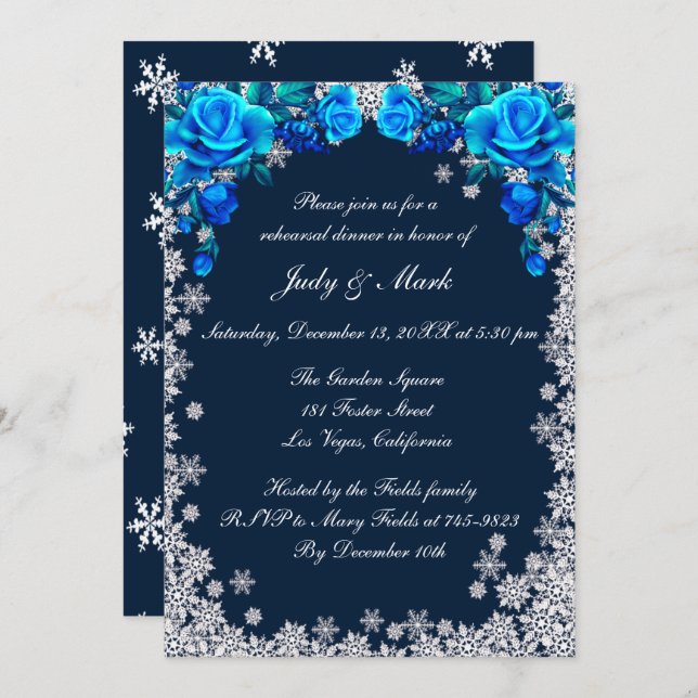 Invitación Rosas azules brillantes Ensayo de copos de nieve C (Anverso / Reverso)
