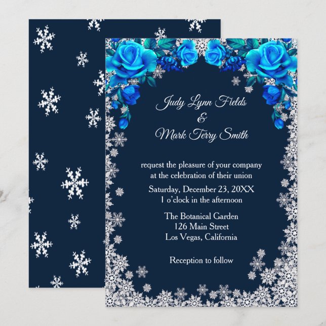 Invitación Rosas azules brillantes Navidades de copos de niev (Anverso / Reverso)