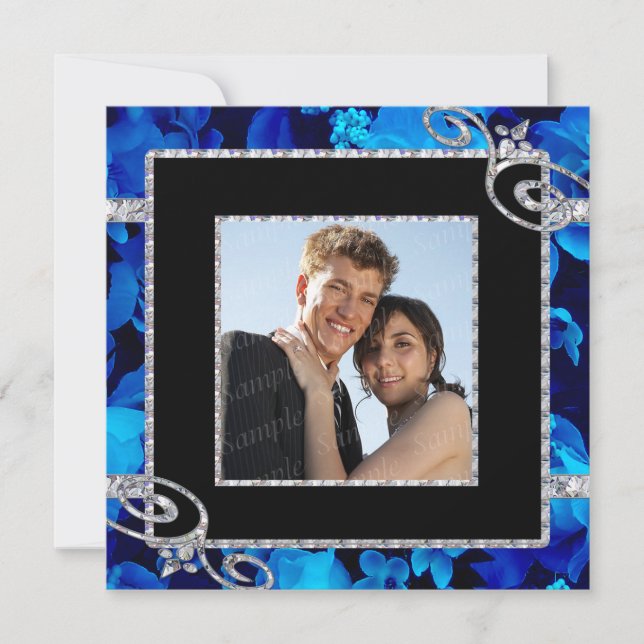 Invitación Rosas azules brillantes y Boda de remolinos de dia (Anverso)