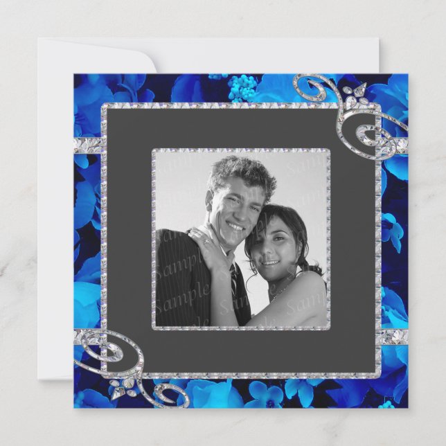 Invitación Rosas azules brillantes y remolinos del diamante (Anverso)