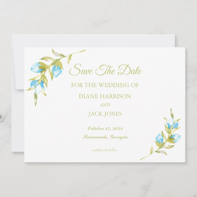 Invitación Rosas Azules Capullos de Boda Guardar la Fecha (Anverso)