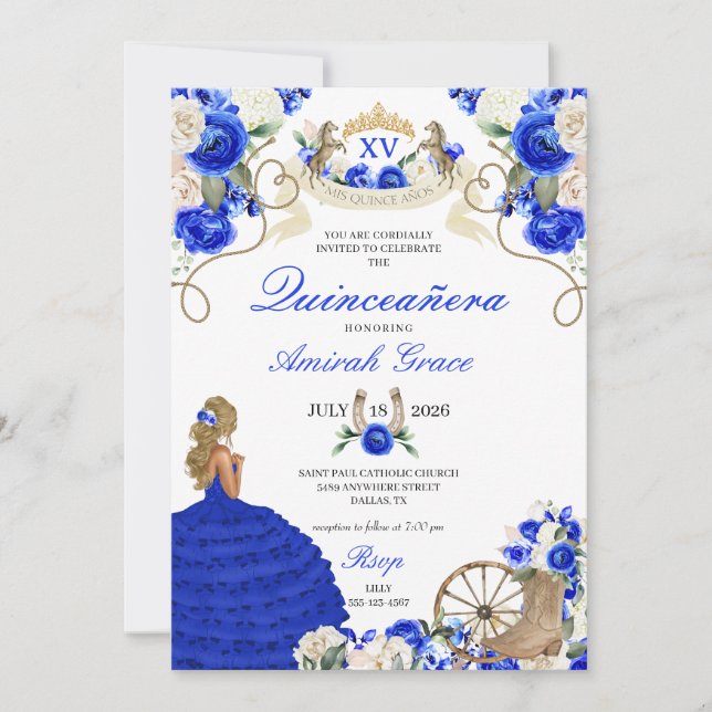 Invitación Rosas Azules Charro Chowgirl Quinceañera (Anverso)