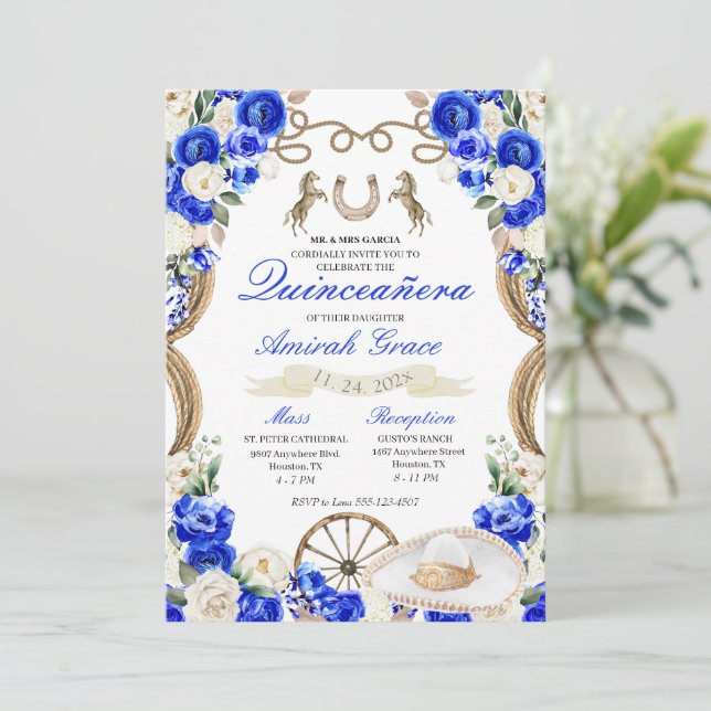 Invitación Rosas Azules Charro Chowgirl Quinceañera (Anverso de pie)