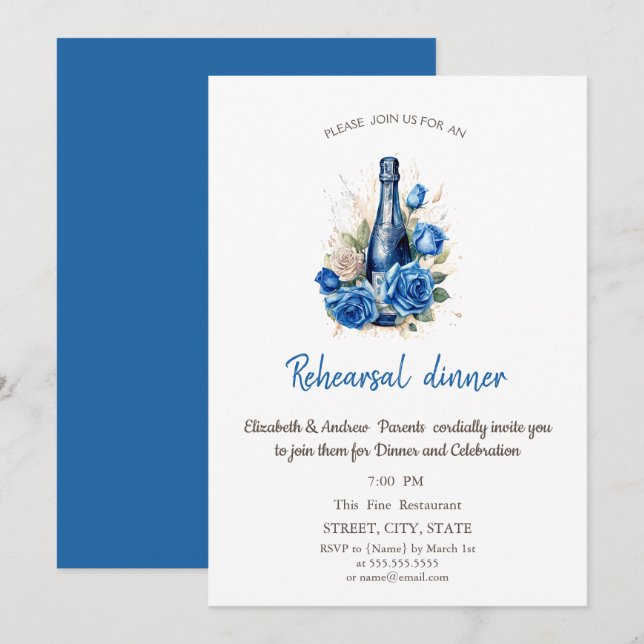 Invitación Rosas azules de botella de vino Cena de ensayo (Anverso / Reverso)
