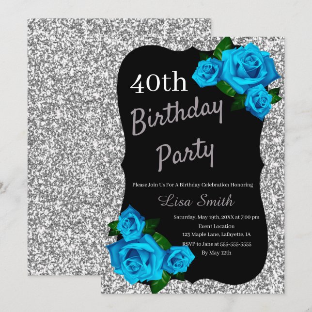 Invitación Rosas azules de cualquier Purpurina de cumpleaños (Anverso / Reverso)
