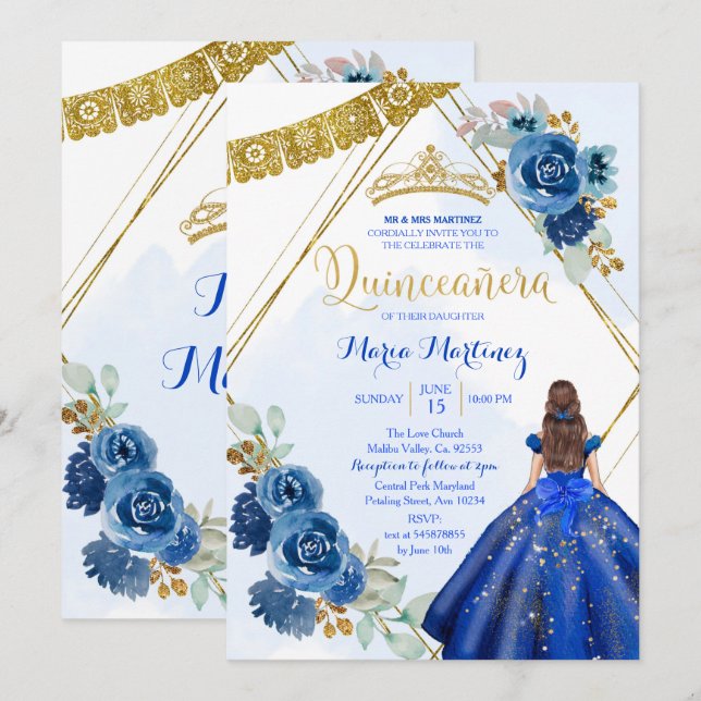 Invitación Rosas Azules de la Marina Chica Charra 15 cumpleañ (Anverso / Reverso)