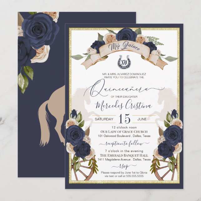 Invitación Rosas Azules de la Marina Floral y Caballos Charro (Anverso / Reverso)