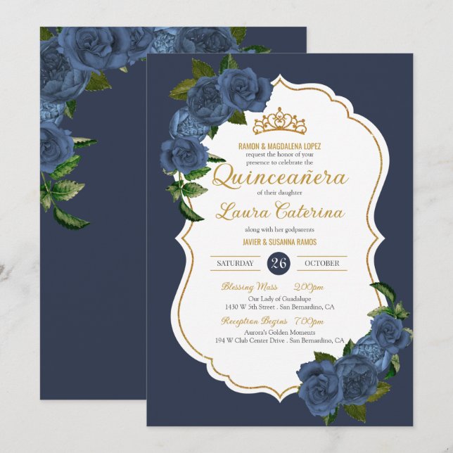 Invitación Rosas azules de la marina Quinceanera elegante de  (Anverso / Reverso)