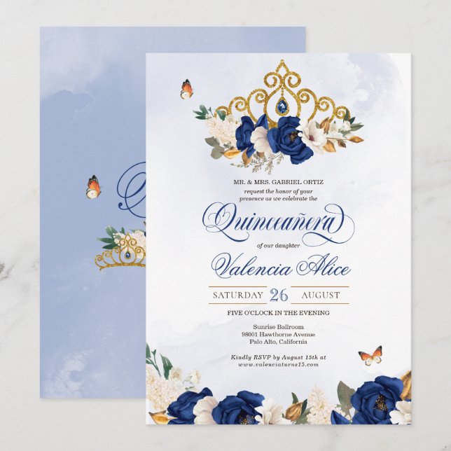 Invitación Rosas azules de la Marina Real de Oro de la Quince (Anverso / Reverso)
