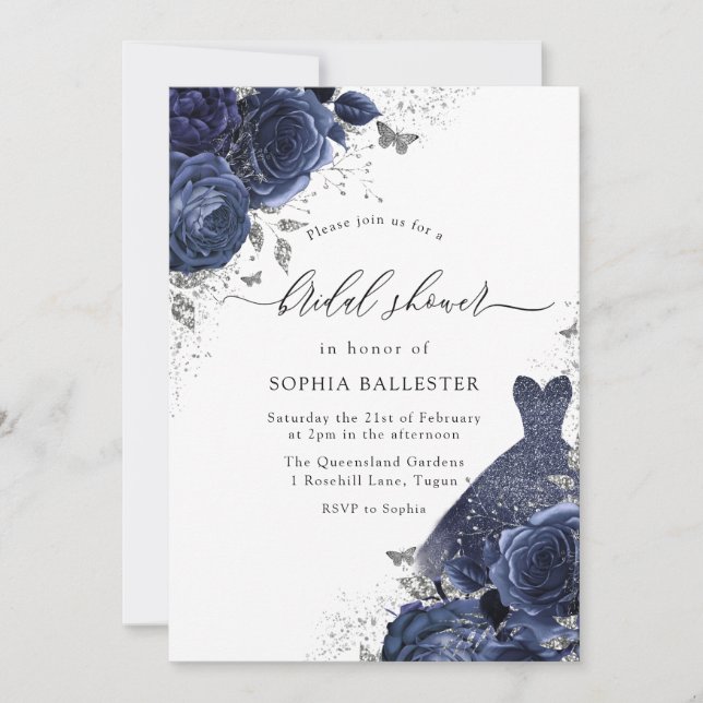 Invitación Rosas azules de la marina y ducha de novia platead (Anverso)
