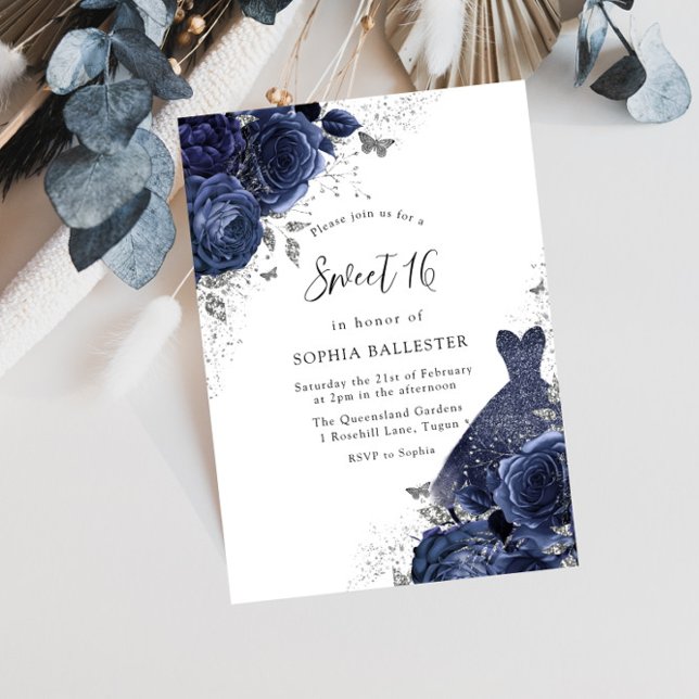Invitación Rosas azules de la marina y ropa de plata dulce 16 (Subido por el creador)