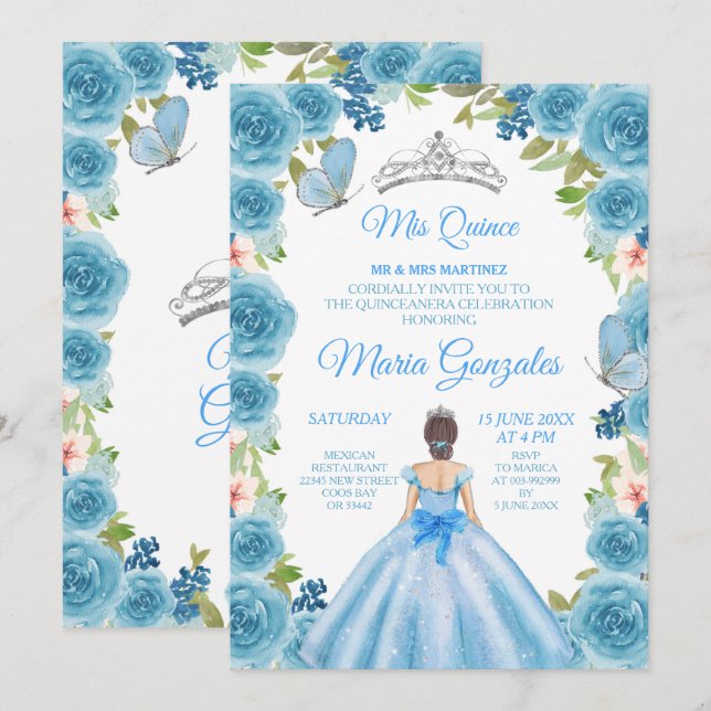 Invitación Rosas Azules de la Princesa Pastel y Mis Quince de (Anverso / Reverso)