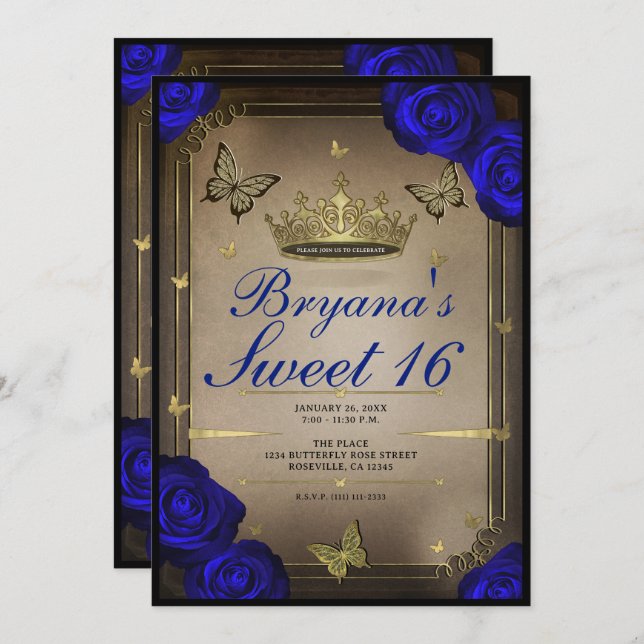 Invitación Rosas azules de la tiara de oro dulce 16 (Anverso / Reverso)